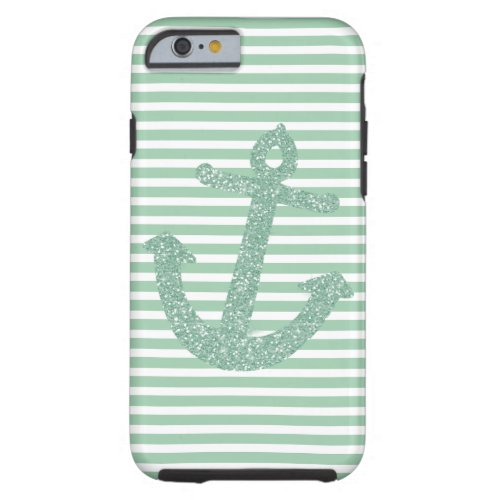 Mint Stripes Faux Glitter Anchor Tough iPhone 6 Case