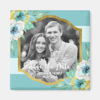 Mint Stripes Faux Gold Floral Save the Date Photo Magnet