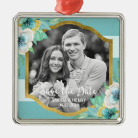Mint Stripes Faux Gold Floral Save the Date Photo Metal Ornament