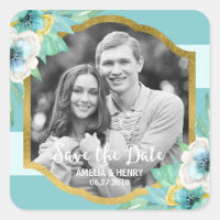 Mint Stripes Faux Gold Floral Save the Date Photo Square Sticker
