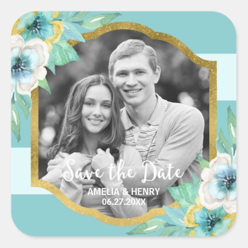 Mint Stripes Faux Gold Floral Save the Date Photo Square Sticker