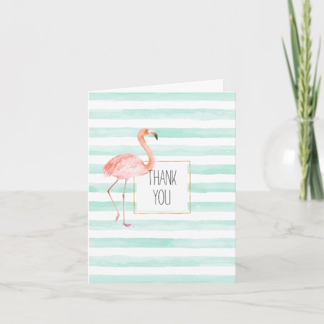 Mint Stripes Flamingo Letterpress Thank You Card (Front)