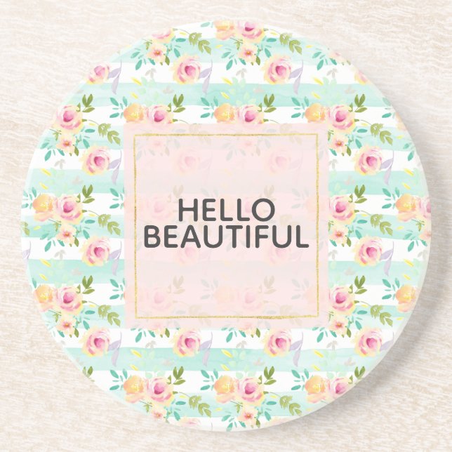 Mint Stripes Floral Chic Drink Coaster (Front)