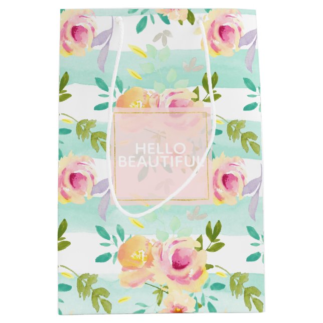 Mint Stripes Floral Chic Medium Gift Bag (Front)