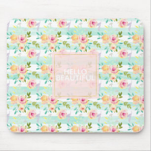 Mint Stripes Floral Chic Mouse Pad