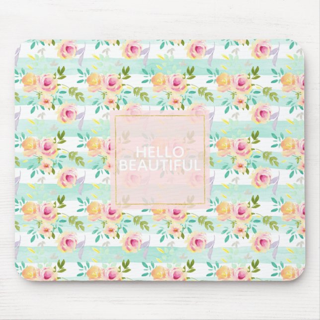 Mint Stripes Floral Chic Mouse Pad (Front)