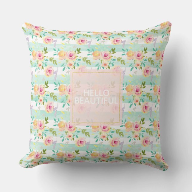 Mint Stripes Floral Chic Throw Pillow (Front)