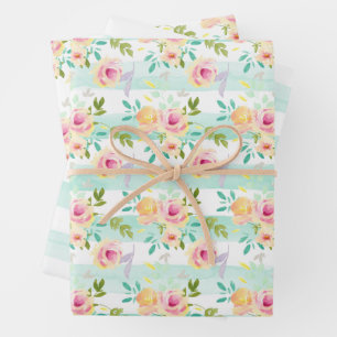 Mint Stripes Floral Chic Wrapping Paper Sheets