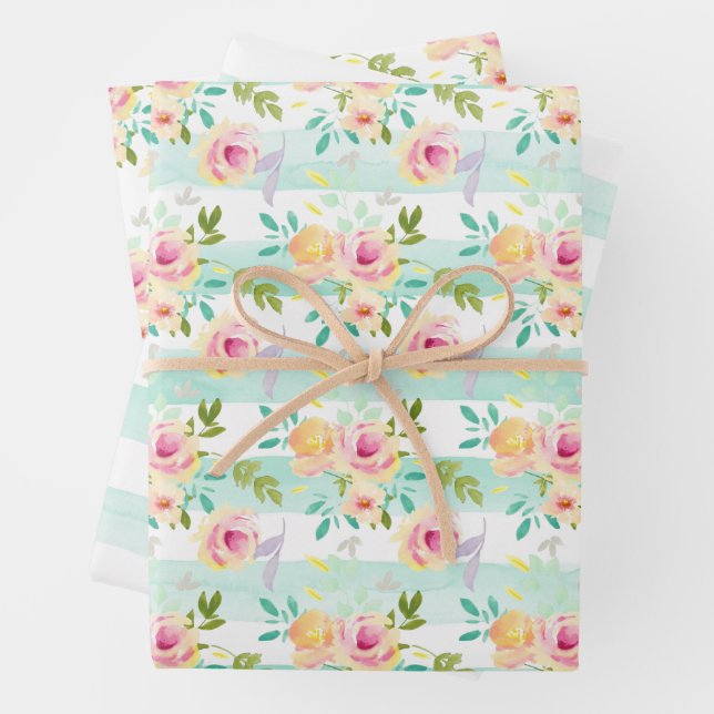 Mint Stripes Floral Chic Wrapping Paper Sheets (In situ)