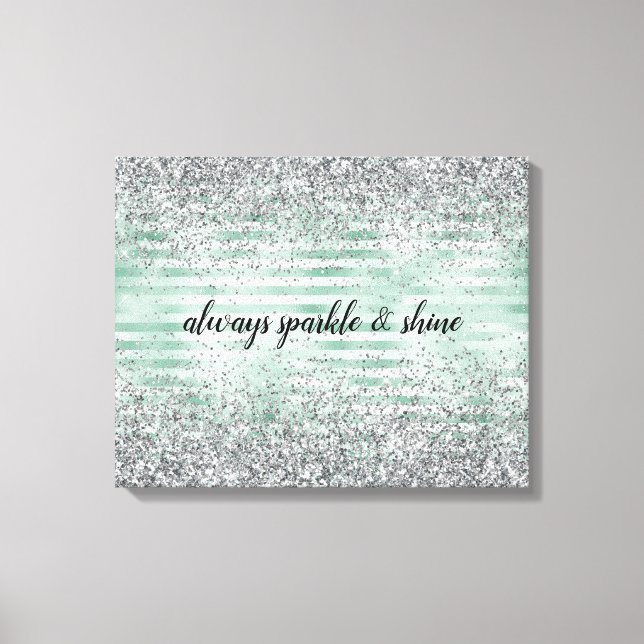 Mint Stripes Glam Glitz Silver Glitter Canvas Print (Front)