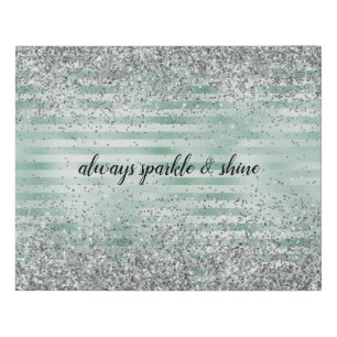 Mint Stripes Glam Glitz Silver Glitter Faux Canvas Print