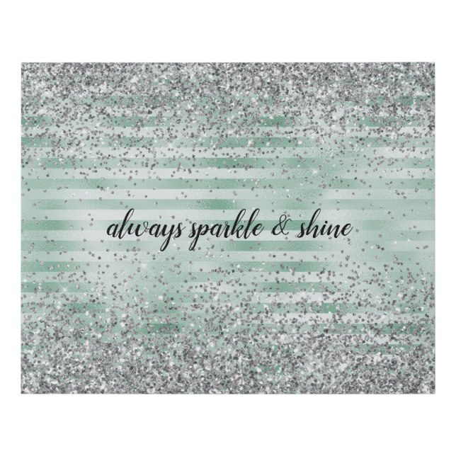 Mint Stripes Glam Glitz Silver Glitter Faux Canvas Print (Front)