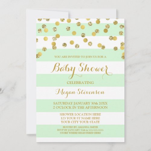 Mint Stripes Gold Confetti Baby Shower Invitation