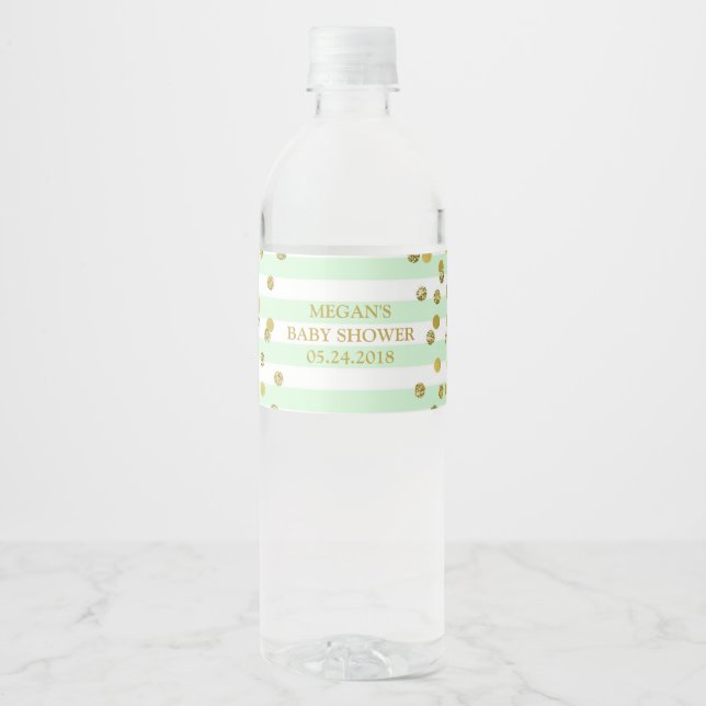 Mint Stripes Gold Confetti Baby Shower Label (Front)