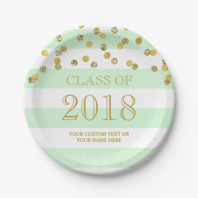 Mint Stripes Gold Confetti Graduation 2018 Paper Plates (Front)