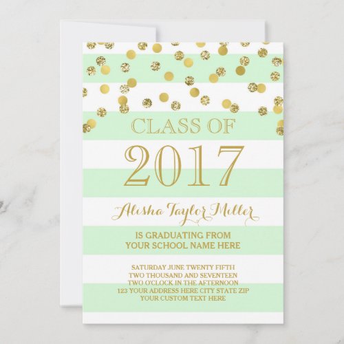 Mint Stripes Gold Confetti Photo 2017 Graduation Invitation