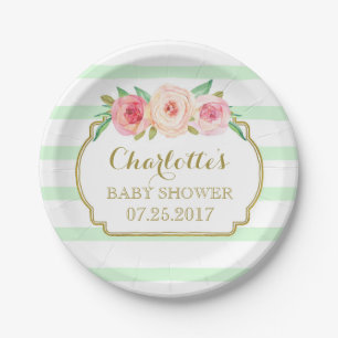 Mint Stripes Gold Pink Floral Baby Shower Plate