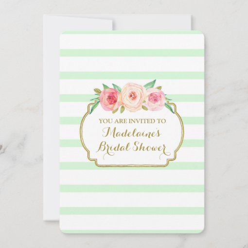 Mint Stripes Gold Pink Floral Bridal Shower Invitation Zazzle