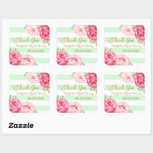 Mint Stripes Gold Pink Floral Bridal Shower Square Sticker Zazzle