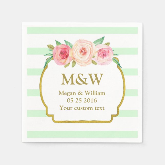 Mint Stripes Gold Pink Floral Wedding Napkins (Front)