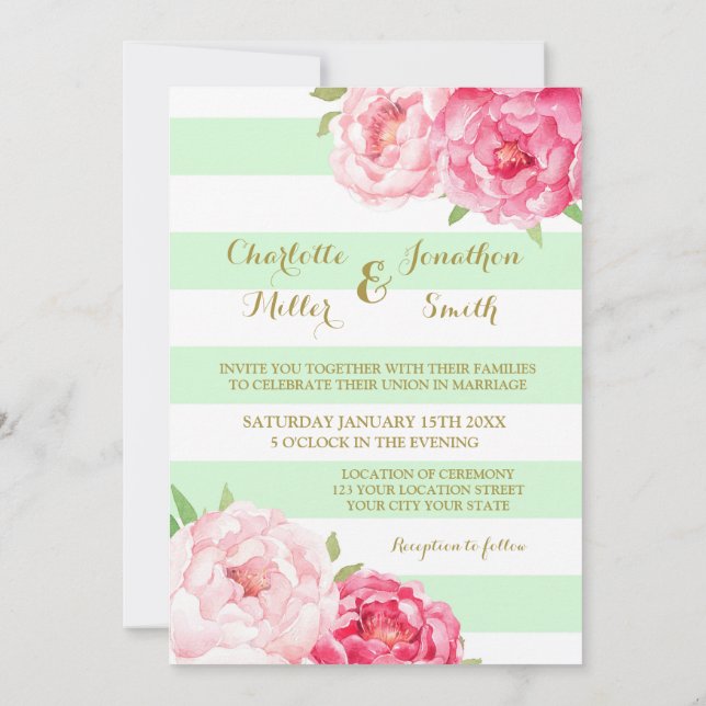 Mint Stripes Gold Pink Flowers Wedding Invitations (Back)