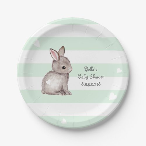 Mint Stripes Heart Bunny Party Paper Plate