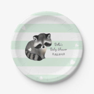 Mint Stripes Heart Raccoon Party Paper Plate