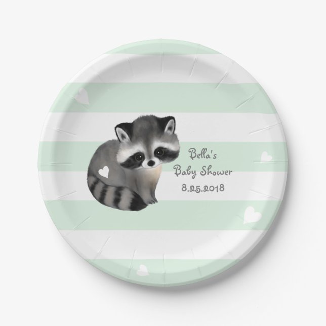 Mint Stripes Heart Raccoon Party Paper Plate (Front)
