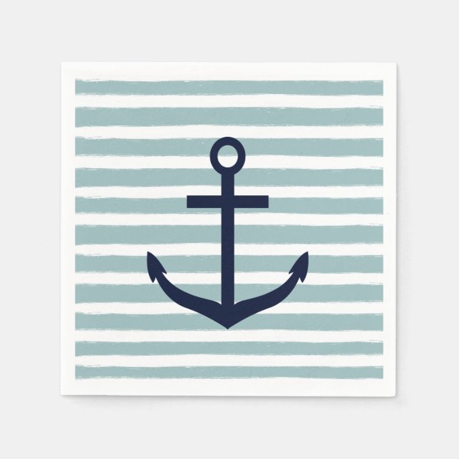 Mint Stripes Nautical Anchor Paper Napkins (Front)