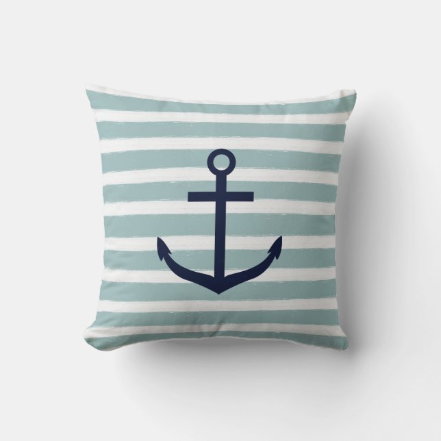 Mint Stripes Nautical Anchor Throw Pillow (Front)