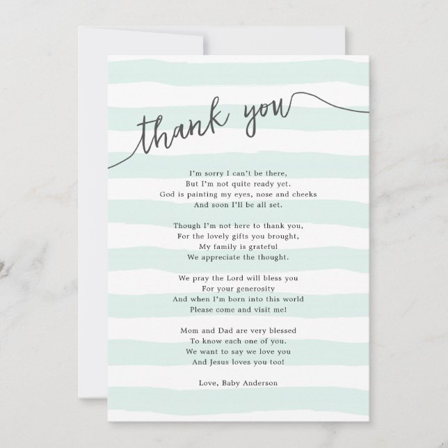 Mint Stripes Neutral Baby Shower Poem Thank You Card (Front)
