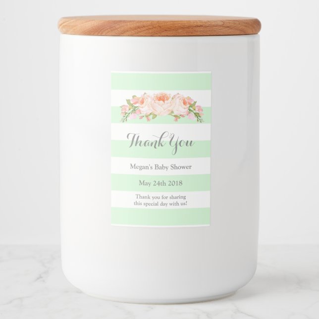 Mint Stripes Peach Floral Baby Shower Label (Front)