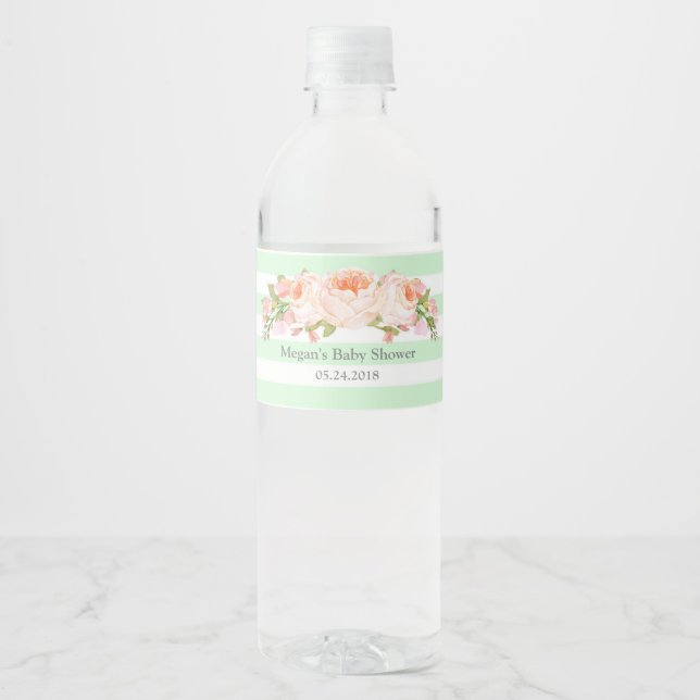 Mint Stripes Pink Floral Baby Shower Label (Front)