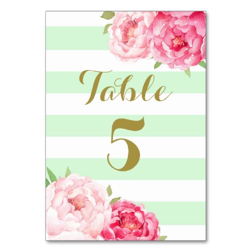 Mint Stripes Pink Floral Wedding Table Number Card