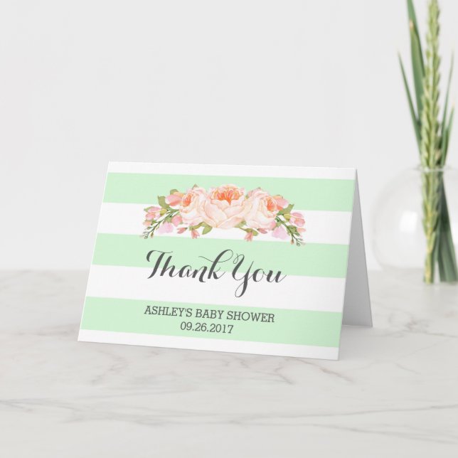 Mint Stripes Pink Flowers Baby Shower Thank You (Front)