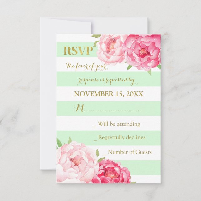 Mint Stripes Pink Flowers Gold Wedding RSVP Card (Front)