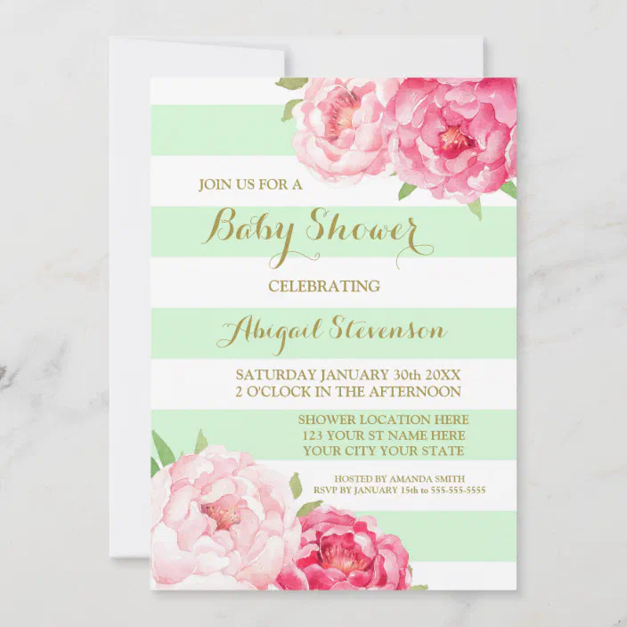 Download Mint Stripes Pink Watercolor Flowers Baby Shower Invitation Zazzle Com