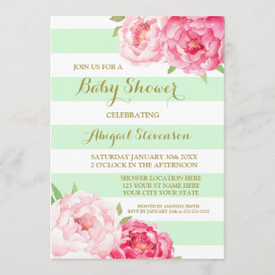 Mint Stripes Pink Watercolor Flowers Baby Shower Invitation