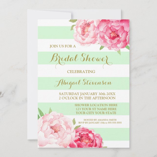 Mint Stripes Pink Watercolor Flowers Bridal Shower Invitation (Back)