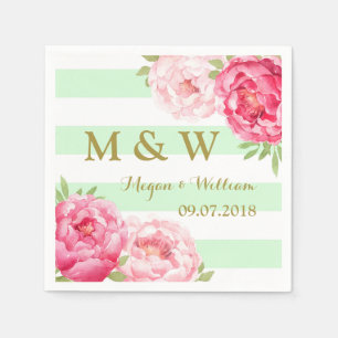 Mint Stripes Pink Watercolor Wedding Monogram Paper Napkins