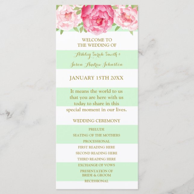 Mint Stripes Pink Watercolor Wedding Program (Front)