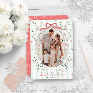 Mint Stripes & Red Bow Floral Photo Christmas Holiday Card