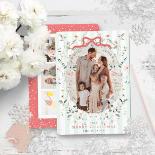 Mint Stripes & Red Bow Floral Photos Christmas Holiday Card