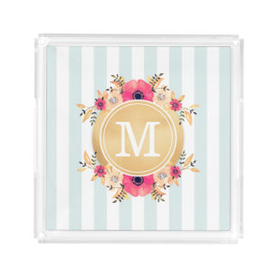 Mint Stripes Watercolor Flowers Faux Gold Monogram Acrylic Tray
