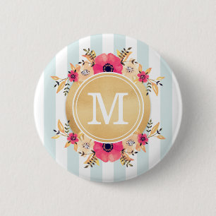 Mint Stripes Watercolor Flowers Faux Gold Monogram Button