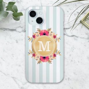 Mint Stripes Watercolor Flowers Faux Gold Monogram iPhone 15 Case
