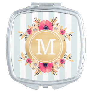 Mint Stripes Watercolor Flowers Faux Gold Monogram Compact Mirror