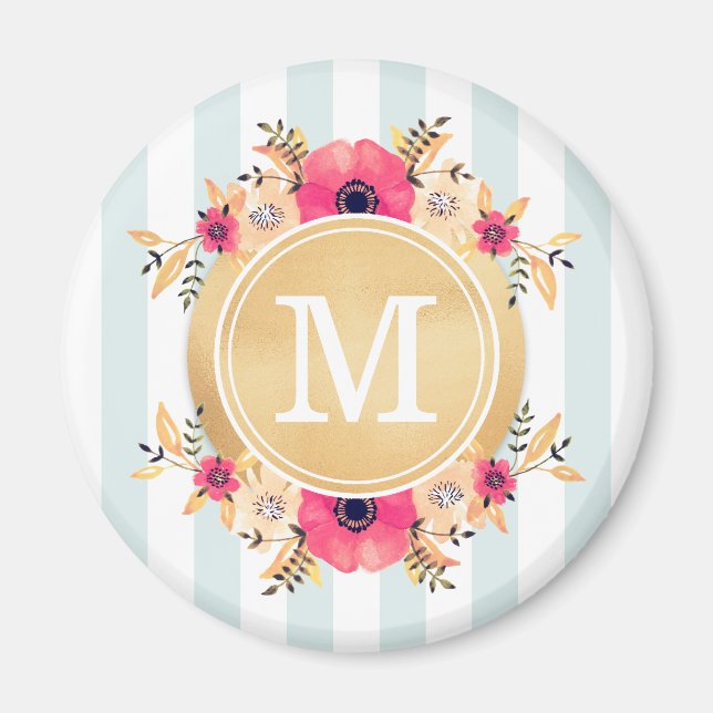 Mint Stripes Watercolor Flowers Faux Gold Monogram Magnet (Front)