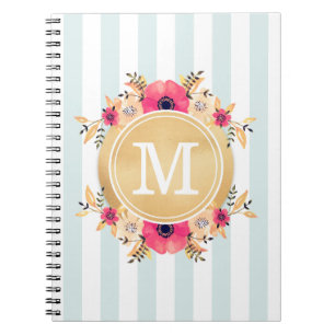 Mint Stripes Watercolor Flowers Faux Gold Monogram Notebook
