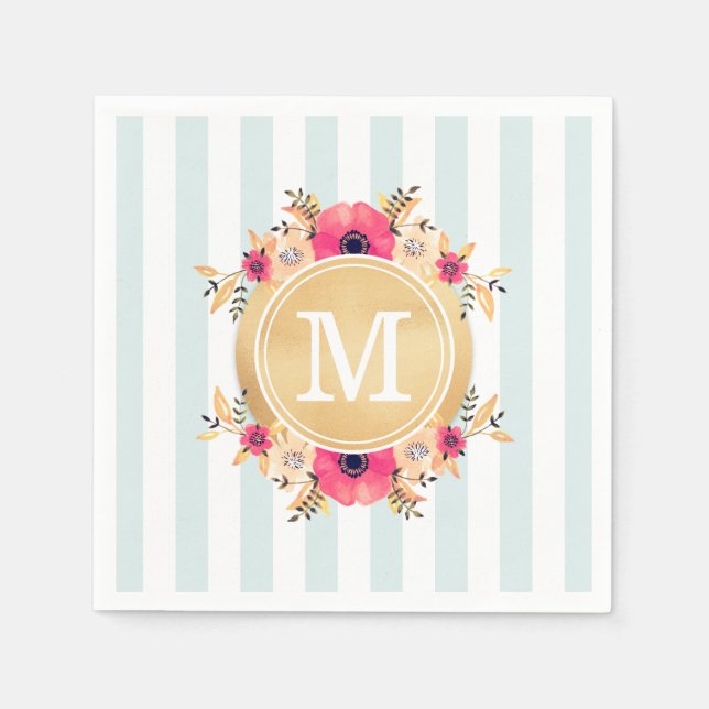Mint Stripes Watercolor Flowers Faux Gold Monogram Paper Napkins (Front)